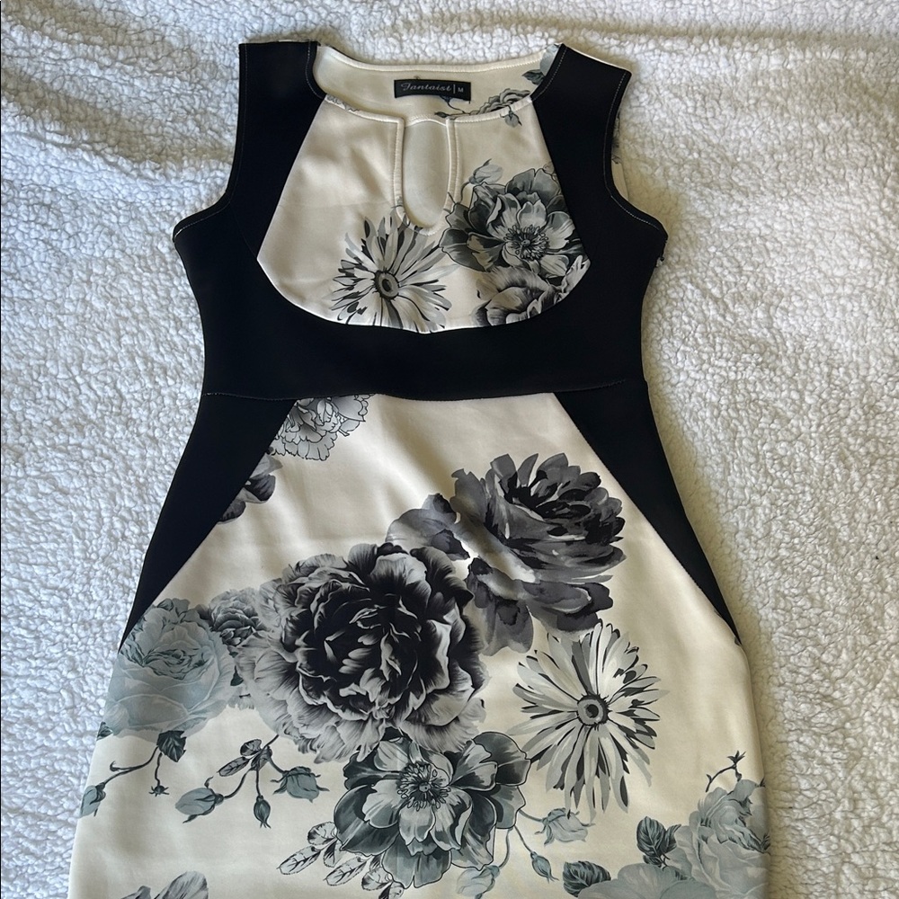 Connected Apparel Black and Cream Floral Midi Dress